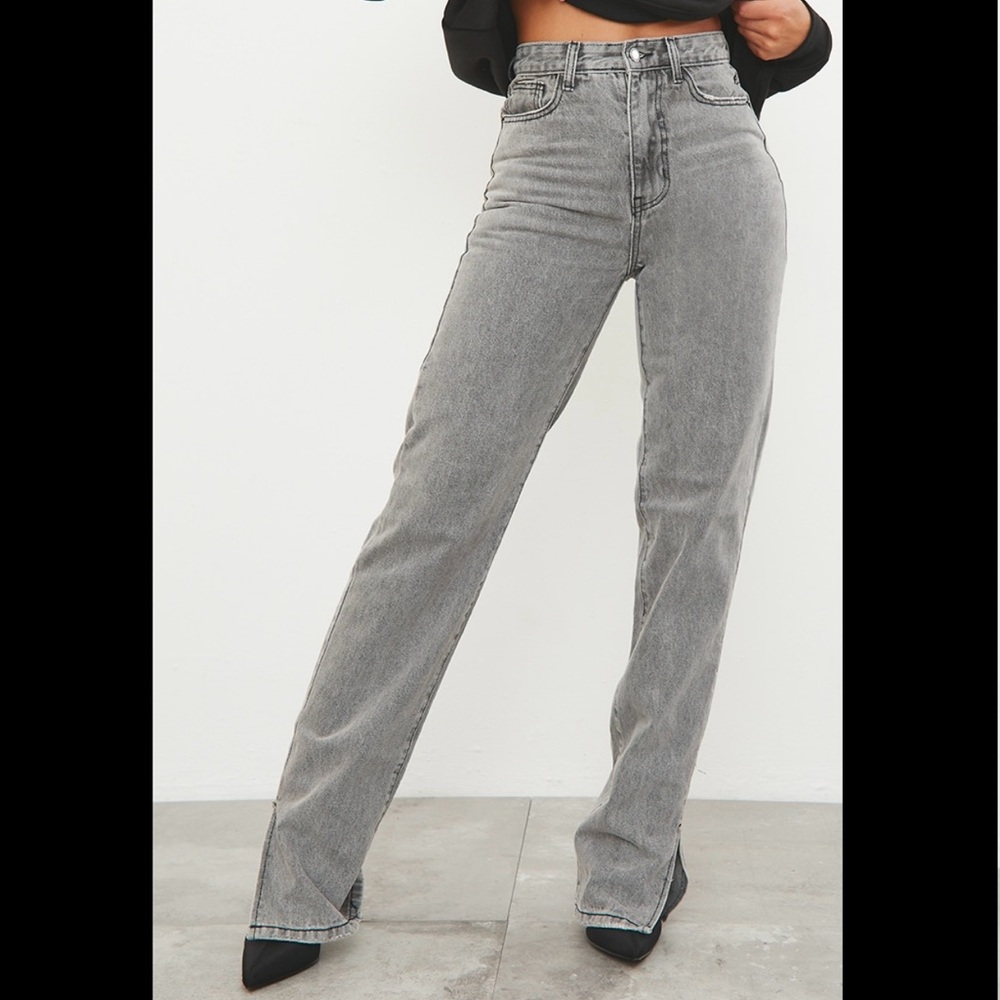 PrettyLittleThing Washed Grey Split Hem Straight Leg Jeans